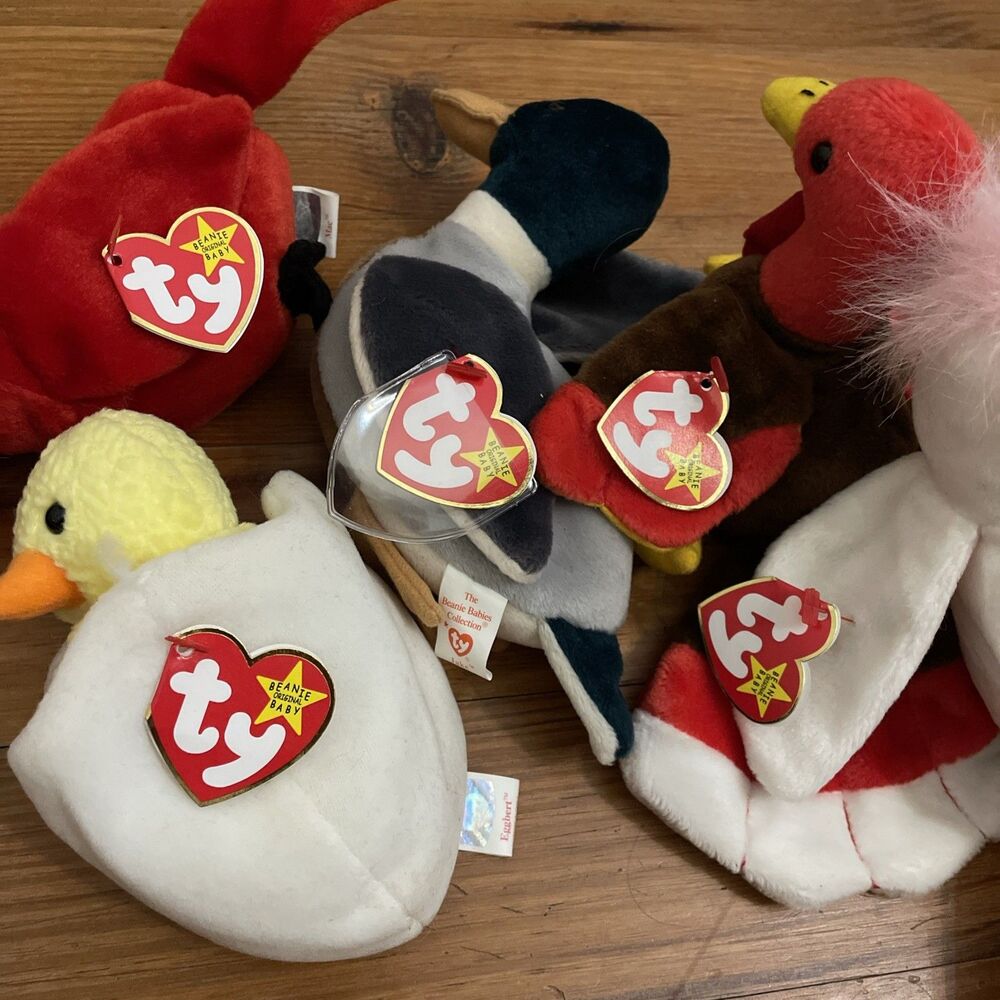TY Lot Of 5 1990s Retired Bird Beanie Babies Eggbert Jake Mac Kuku Gobbles - Picture 3 of 13